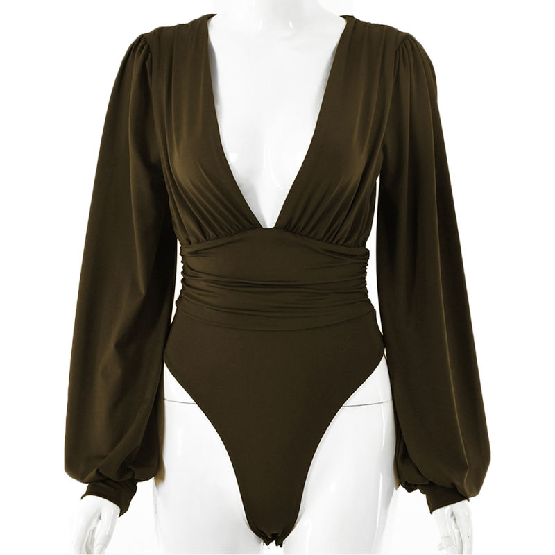 Army Green Deep V Neck Pleated Long Sleeve Bodysuit TQK550214-27