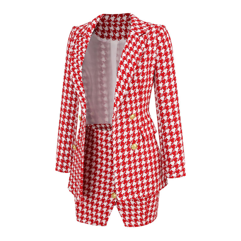 Red Plaid Print Blazer and Button Split Skirt Set TQF711046-3