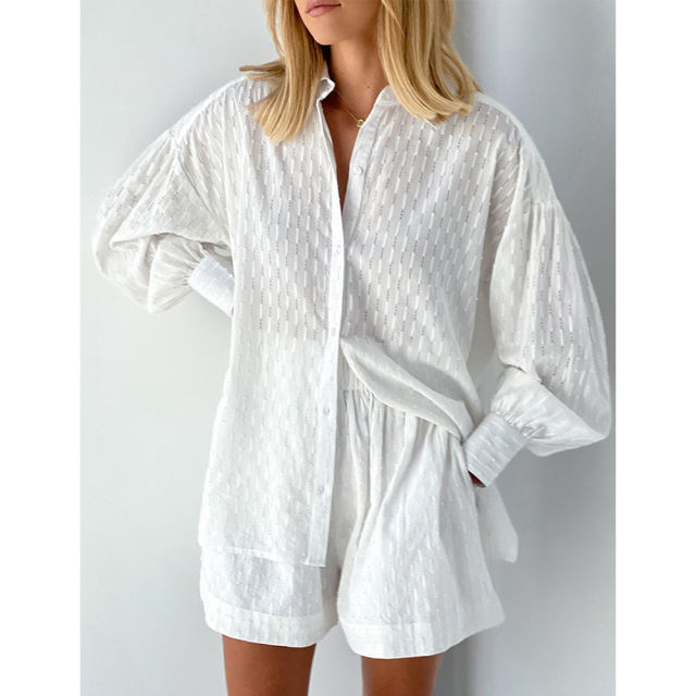 White Hollow-out Jacquard Long Sleeve Shirt with Shorts Set TQF711040-1