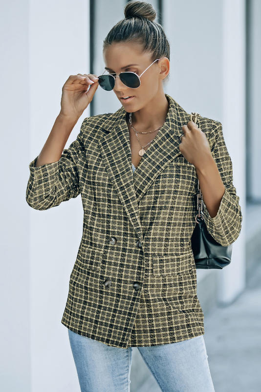 Black Plaid Double Breasted Lapel Collar Blazer LC852395-2