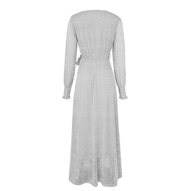 Silver Sequin V Neck High Split Maxi Dress TQK311352-13