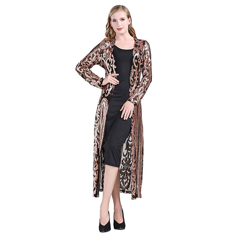 Black Sequined Perspective Long Cardigan TQK280045-2