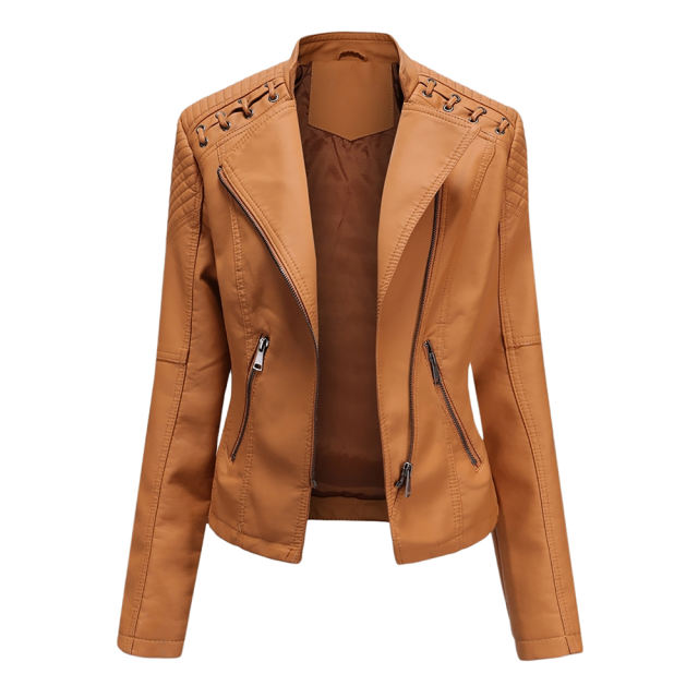 Camel Zipper Slim Fit Motorcycle PU Leather Jacket TQK280090-58