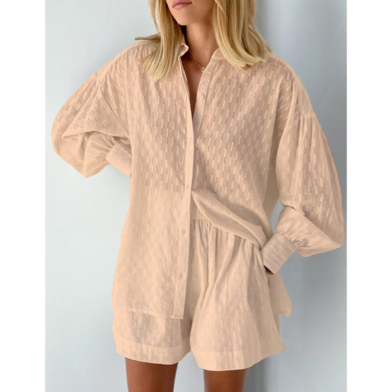 Khaki Hollow-out Jacquard Long Sleeve Shirt with Shorts Set TQF711040-21