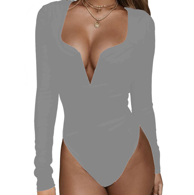 Gray Deep V Long Sleeve Bodysuit TQK550156-11
