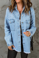 Sky Blue Rhinestone Pearls Denim Shacket LC788118-4