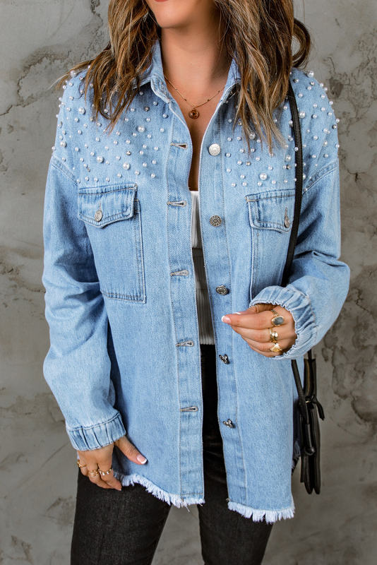 Sky Blue Rhinestone Pearls Denim Shacket LC788118-4