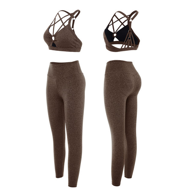 Coffee Front Criss-cross Bra with Pant Yoga Set TQE91346-15