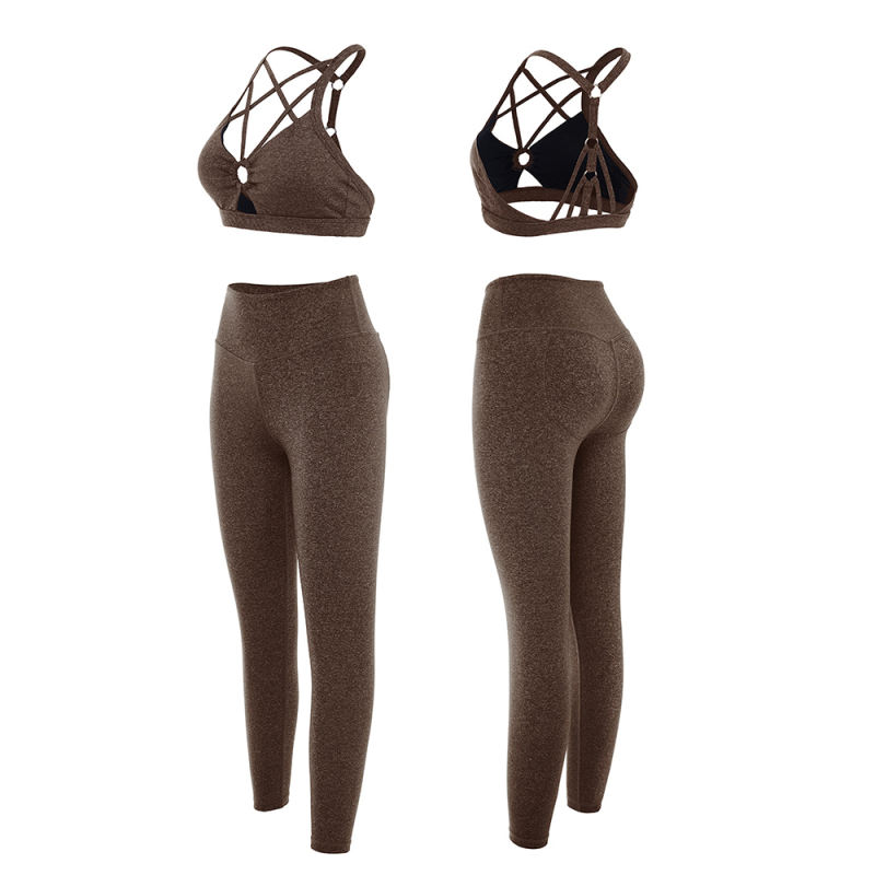 Coffee Front Criss-cross Bra with Pant Yoga Set TQE91346-15