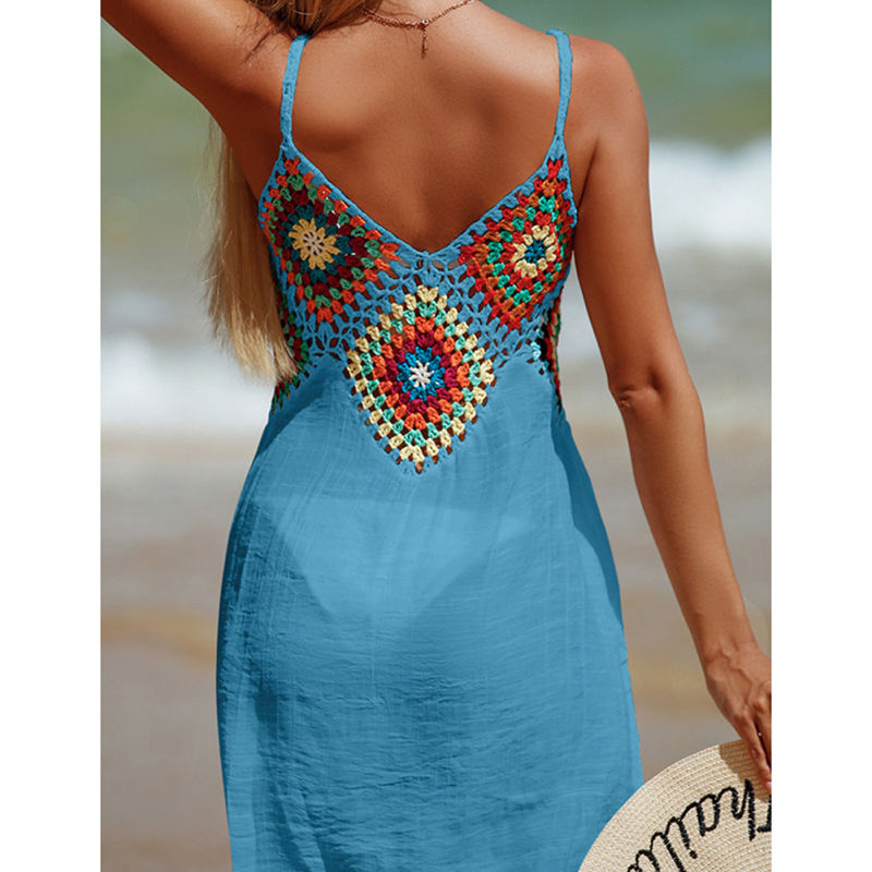 Blue Crochet V Neck Cover Ups Beach Dress TQK311479-5