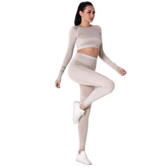 Khaki Seamless Knit Long Sleeve Pant Yoga Set TQE91372-21