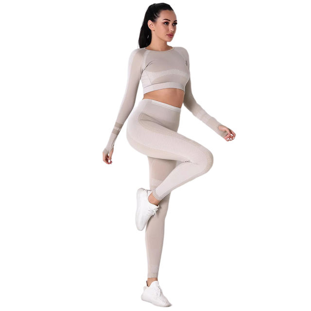 Khaki Seamless Knit Long Sleeve Pant Yoga Set TQE91372-21