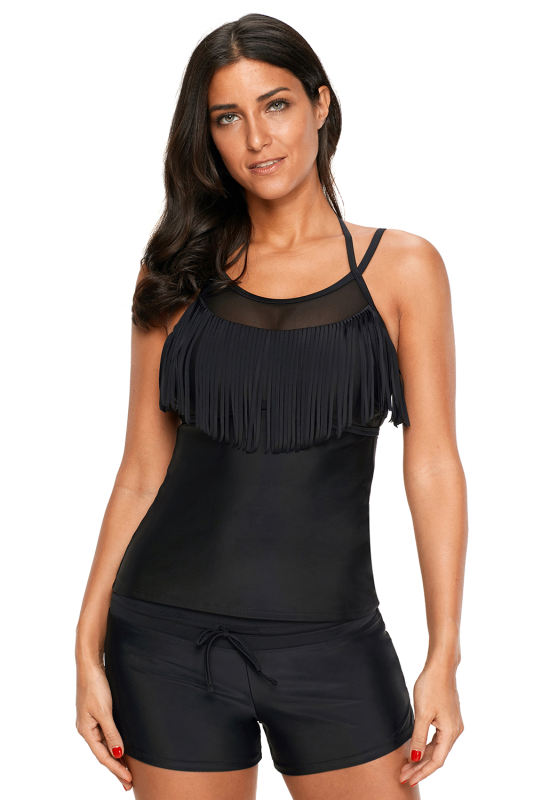 Black Fringe Bust Tankini Top