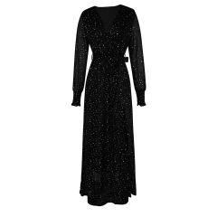 Black Sequin V Neck High Split Maxi Dress TQK311352-2