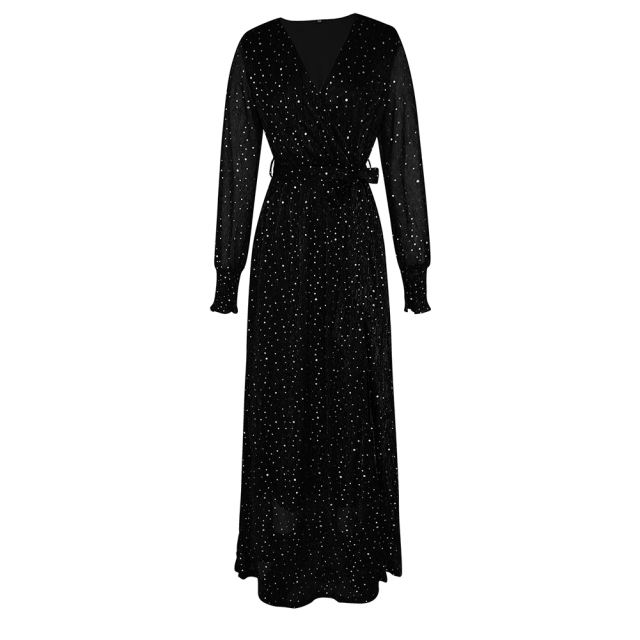 Black Sequin V Neck High Split Maxi Dress TQK311352-2