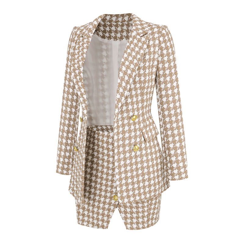 Khaki Plaid Print Blazer and Button Split Skirt Set TQF711046-21