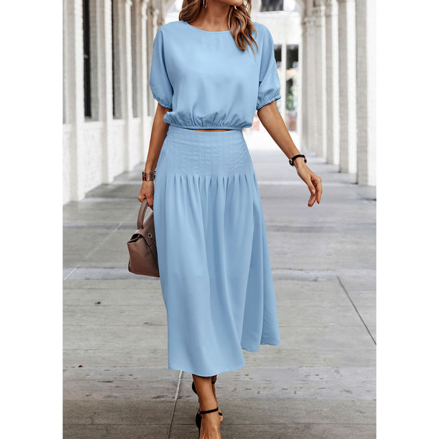 Light Blue Pleated Crop Top with Skirt Set TQX711094-30