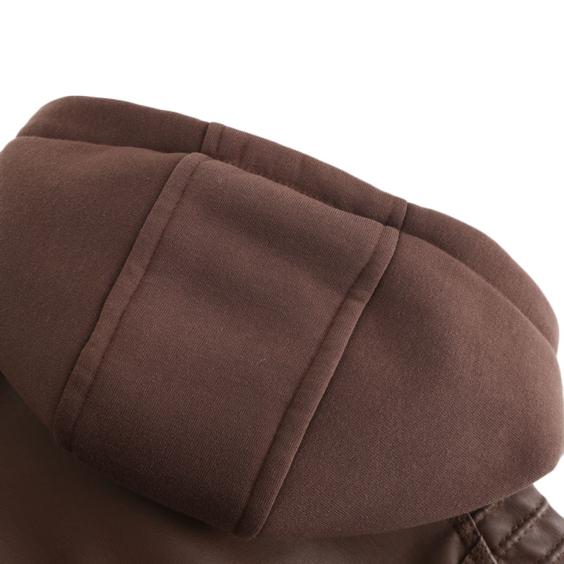 Coffee Removable Hooded Washed PU Leather Jacket TQK280096-15