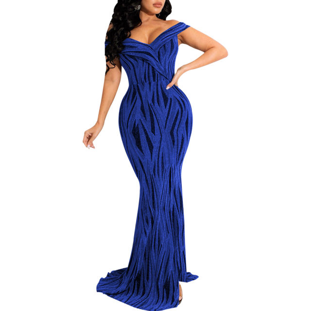 Blue Shiner V-Neck Fishtail Evening Dress TQK311174-5
