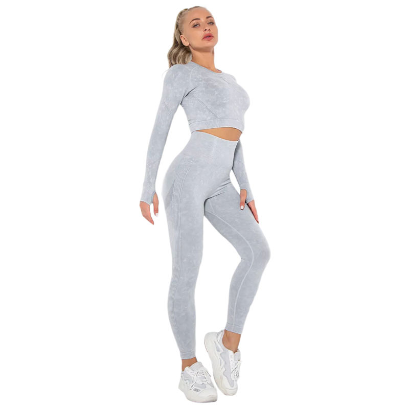 Light Gray Nylon Seamless Long Sleeve Pant Yoga Set TQE91361-112