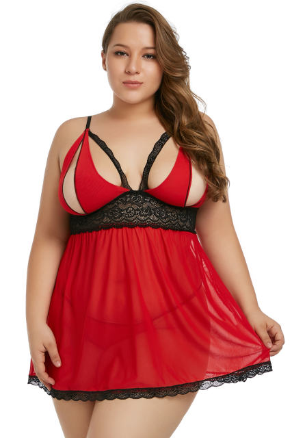 Red Plus Size Peek-a-boo Valentine Babydoll LC31143-3