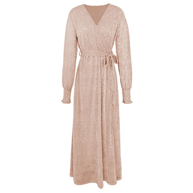 Champagne Sequin V Neck High Split Maxi Dress TQK311352-53