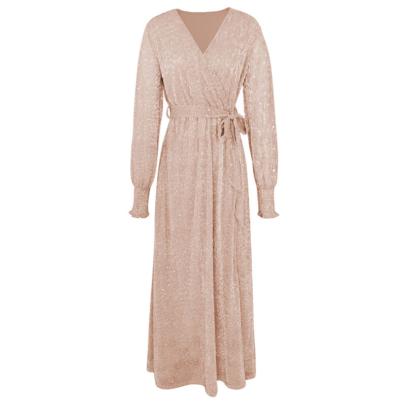 Champagne Sequin V Neck High Split Maxi Dress TQK311352-53