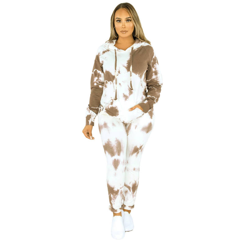 Brown Tie Dye Print Hoodies with Pant Set TQK710224-17