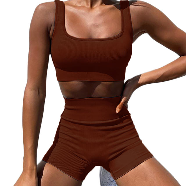 Brown Seamless Knit Yoga Bra with Shorts Set TQK710237-17