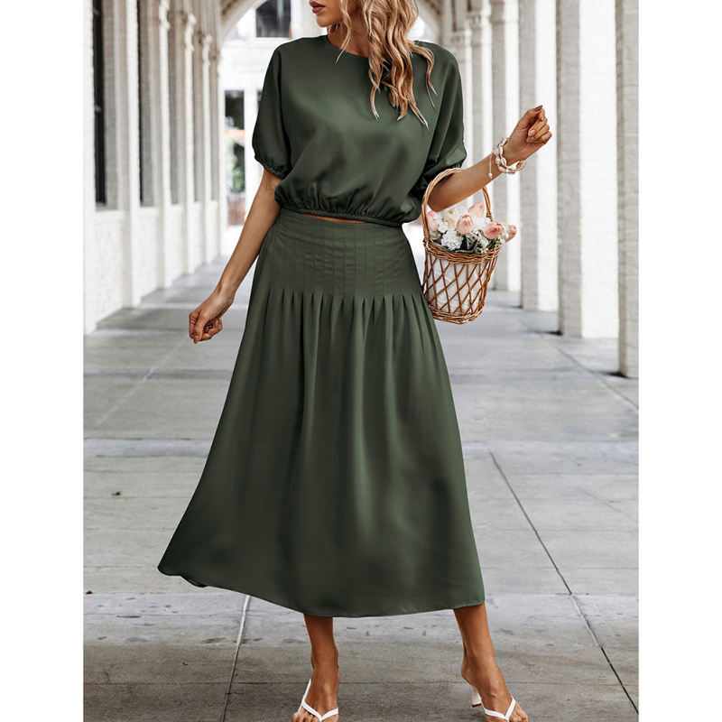 Army Green Pleated Crop Top with Skirt Set TQX711094-27
