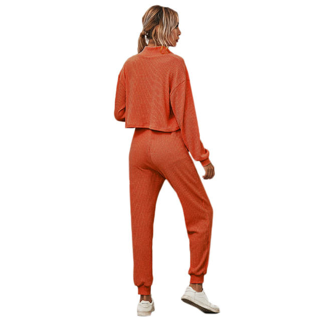 Orange Zipper Up Leopard Detail Sweatshirt with Pant Set TQK710222-14
