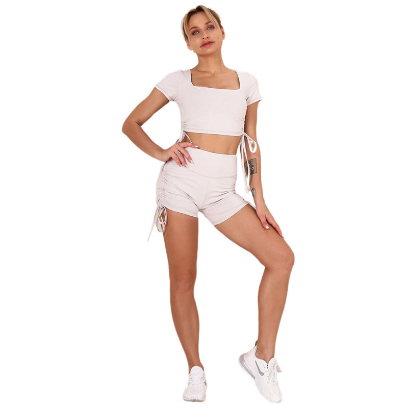 Light Gray Sides Drawstring Short Sleeve Yoga Short Set TQK710241-25