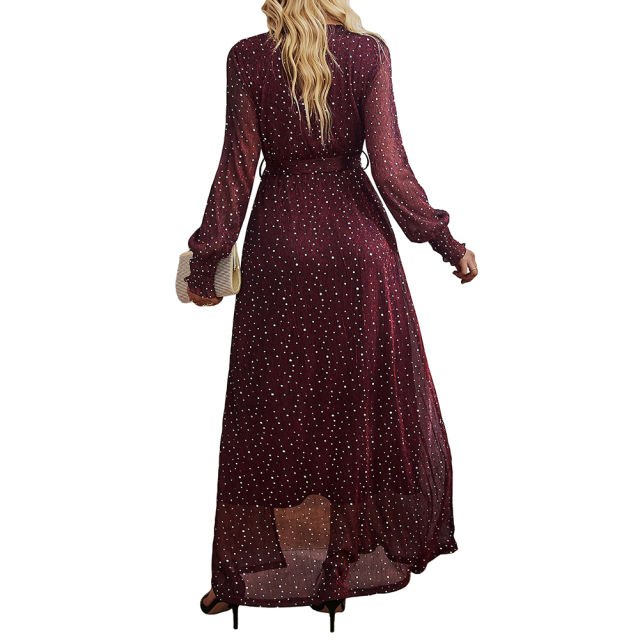 Burgundy Sequin V Neck High Split Maxi Dress TQK311352-23