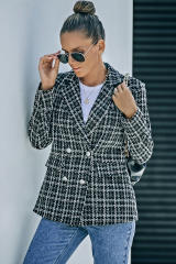 Black Lapel Collar Plaid Tweed Double Breasted Blazer LC852400-2