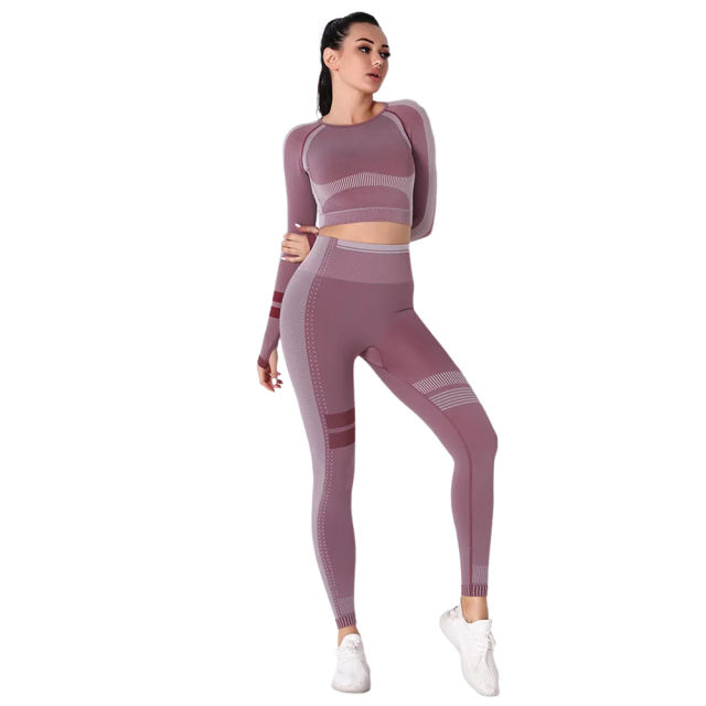 Wine Red Seamless Knit Long Sleeve Pant Yoga Set TQE91372-103