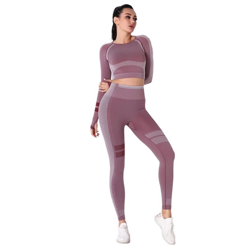 Wine Red Seamless Knit Long Sleeve Pant Yoga Set TQE91372-103