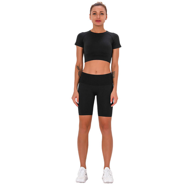 Black Seamless Short Sleeve Yoga Sports Set TQE00138-2