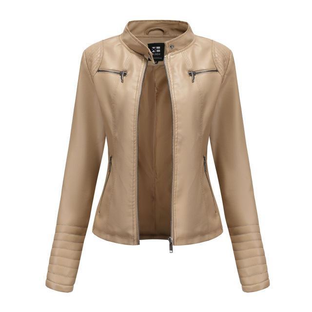 Apricot Zipper Pockets Long Sleeve PU Leather Jacket TQK280093-18