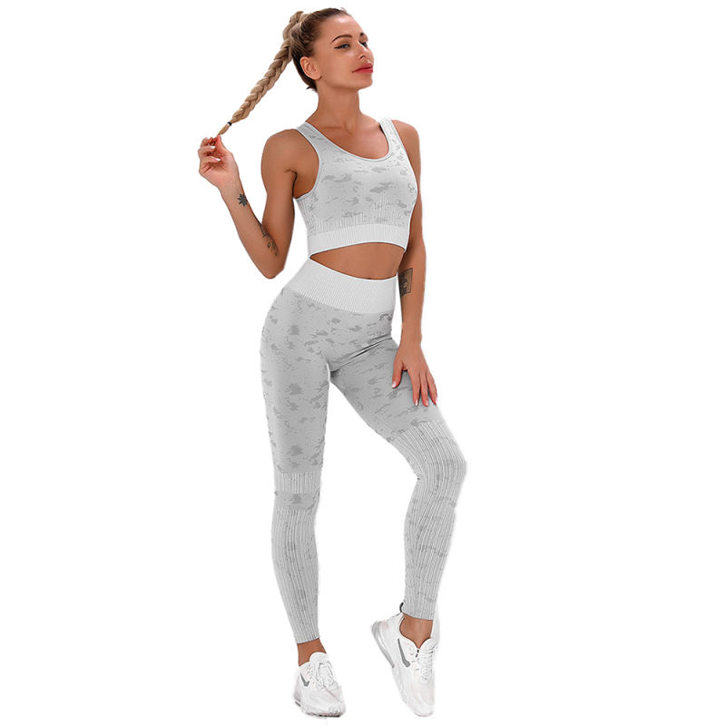 Gray Camo Print Sports Bra with High Waist Pant Set TQE00132-11