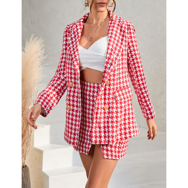 Red Plaid Print Blazer and Button Split Skirt Set TQF711046-3