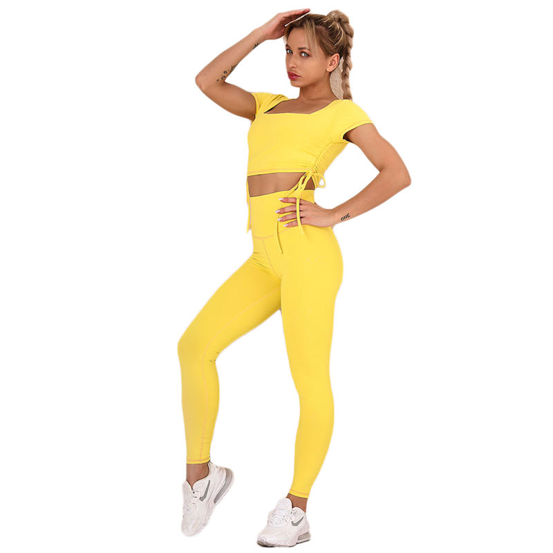 Yellow Sides Drawstring Short Sleeve Yoga Pant Set TQK710243-7