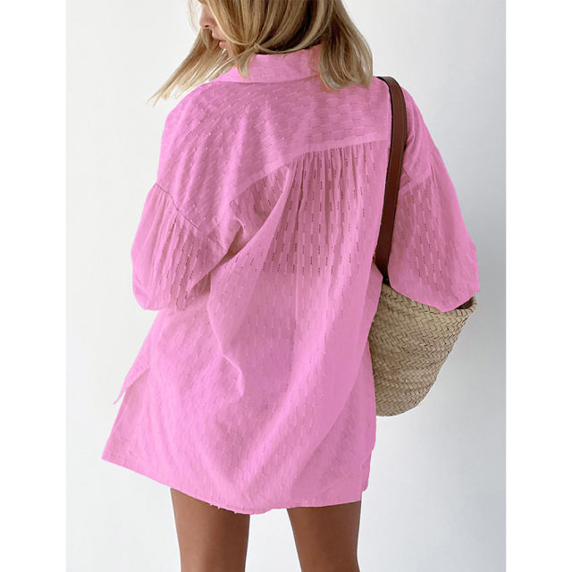 Pink Hollow-out Jacquard Long Sleeve Shirt with Shorts Set TQF711040-10