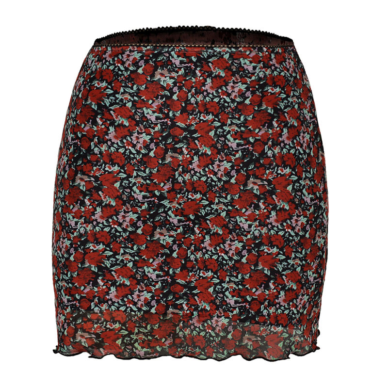 Red Floral Print Double-layers Hight Waist Mini Skirt TQK360034-3