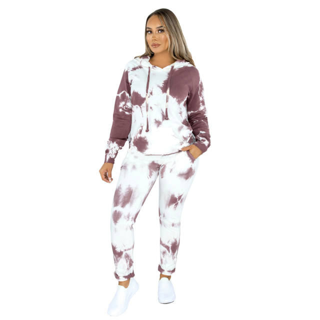 Coffee Tie Dye Print Hoodies with Pant Set TQK710224-15