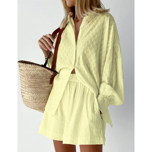 Yellow Hollow-out Jacquard Long Sleeve Shirt with Shorts Set TQF711040-7