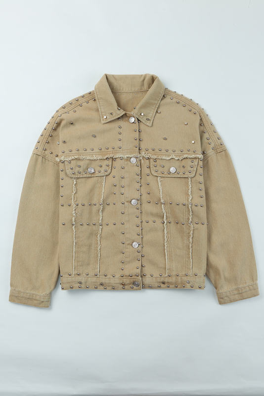 Khaki Frayed Trim Rivet Denim Jacket LC788104-16