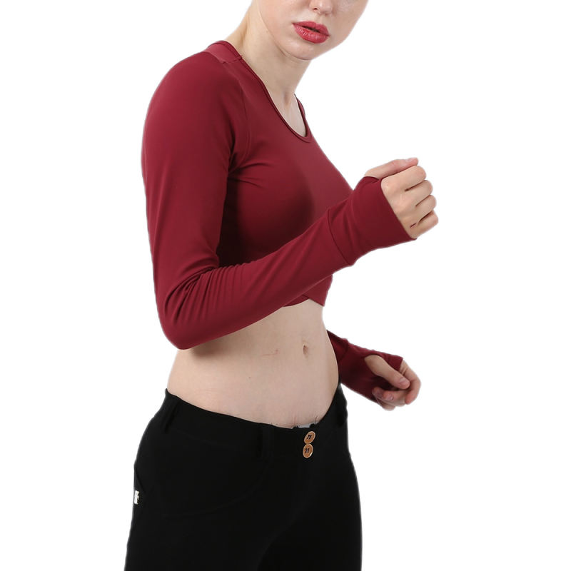 Wine Red Cross Hem Long Sleeve Sportswear Crop Tops TQE29054-103