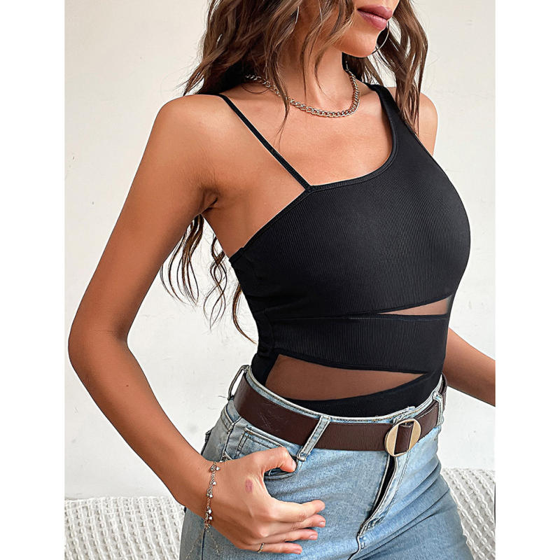 Black Multi Cut-out Asymetrical Rib Bodysuit TQV220140-2