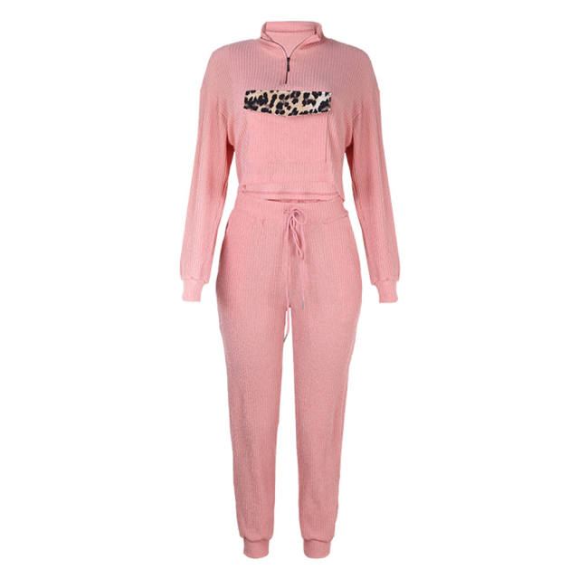 Pink Zipper Up Leopard Detail Sweatshirt with Pant Set TQK710222-10