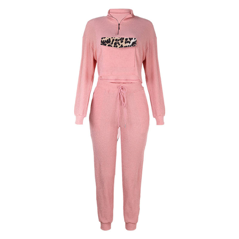 Pink Zipper Up Leopard Detail Sweatshirt with Pant Set TQK710222-10